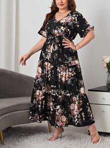 SHEIN VCAY Plus Floral Print Belted Summer Boho Dress,Beach Dress Sundress,Holiday Outfits - Black - View 1