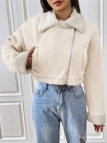 SHEIN EZwear Kurze Pu-lederjacke Mit Pelzkragen Für Damen - Aprikosenfarben - Übersicht 3