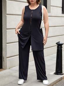 SHEIN Essnce 女性大尺碼黑色無袖上衣和長褲套裝,適用於春夏季節 - 黑色 - 查看 1