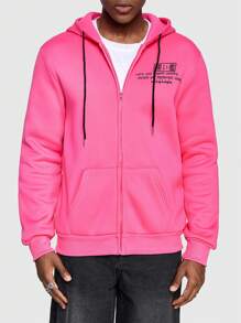 ROMWE MEN Anime Men Dragon And Letter Print Drawstring Hooded Sweatshirt - Hot Pink - View 5