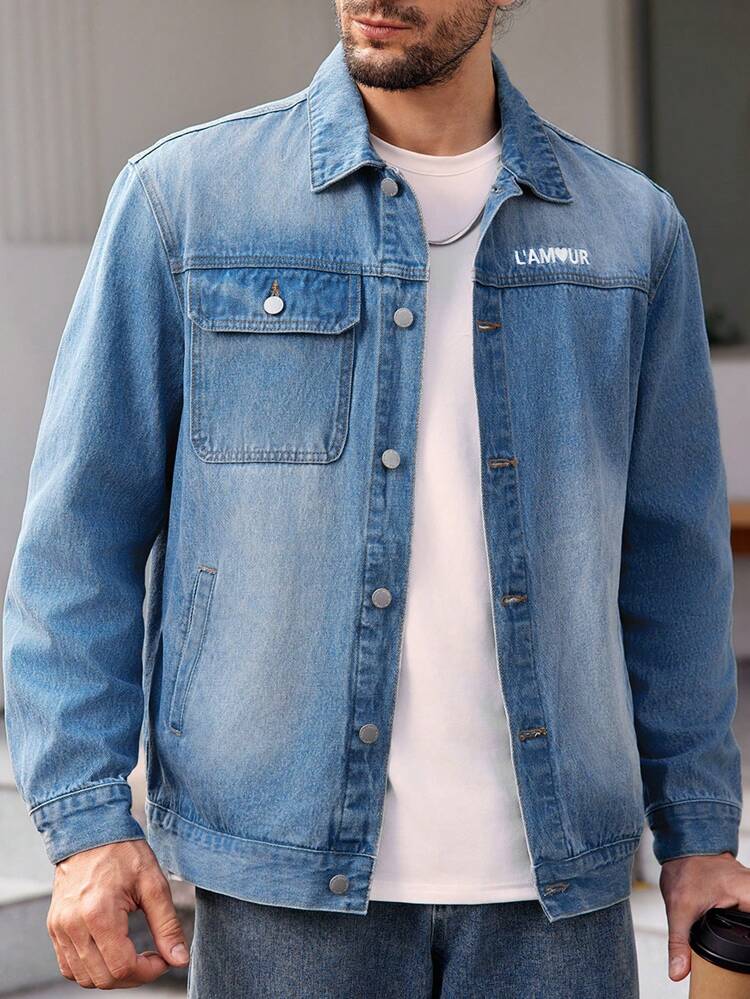 Loose Men's Letter Embroidery Turn-Down Collar Pocket Denim Jacket
