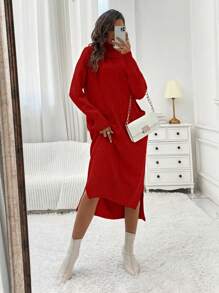 SHEIN LUNE 休閒女式高領毛衣裙 - 紅色 - 查看 6