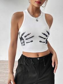 SHEIN EZwear 女士彩塊和棕櫚樹印花背心 - 白色 - 查看 5