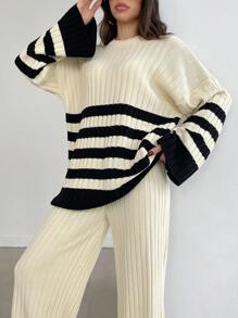 RueChic Women's Striped Drop Shoulder Sweater And Knitted Pants Two-Piece - Beige - View 5