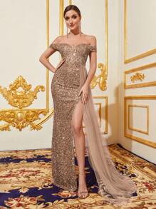 Faeriesty Off Shoulder Ruched Draped Side Split Sequin Formal Dress - Champagne - View 1