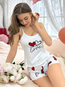 Ensemble pyjama avec débardeur et short imprimé cœur, ensemble blanc