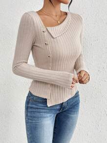 SHEIN Frenchy 女士純色肋織釦紋細節不對稱領t恤 - 杏色 - 查看 1