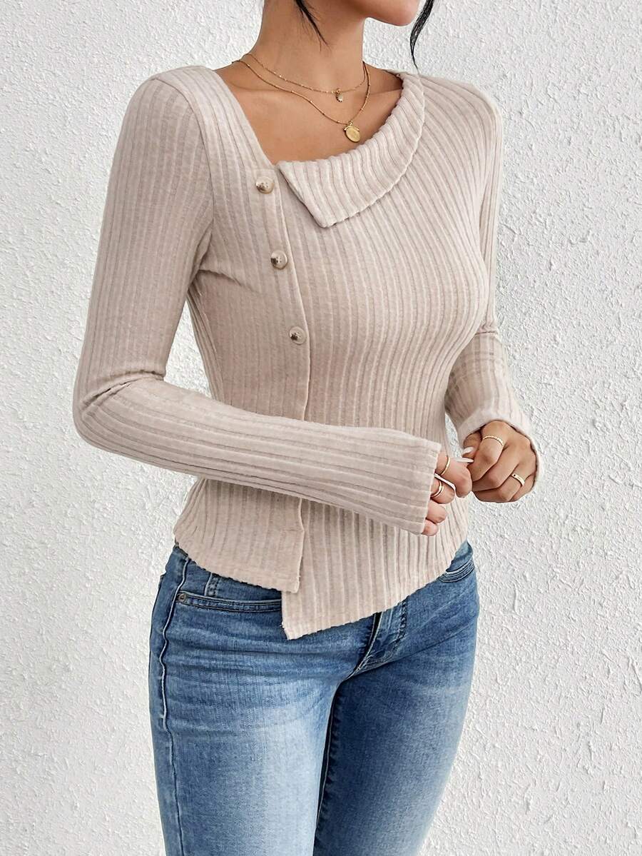 SHEIN Frenchy 女士純色肋織釦紋細節不對稱領t恤 - 杏色 - 查看 1