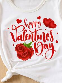 SHEIN Young Girl Rose & Heart Valentine's Day Slogan Print T-Shirt - White - View 3