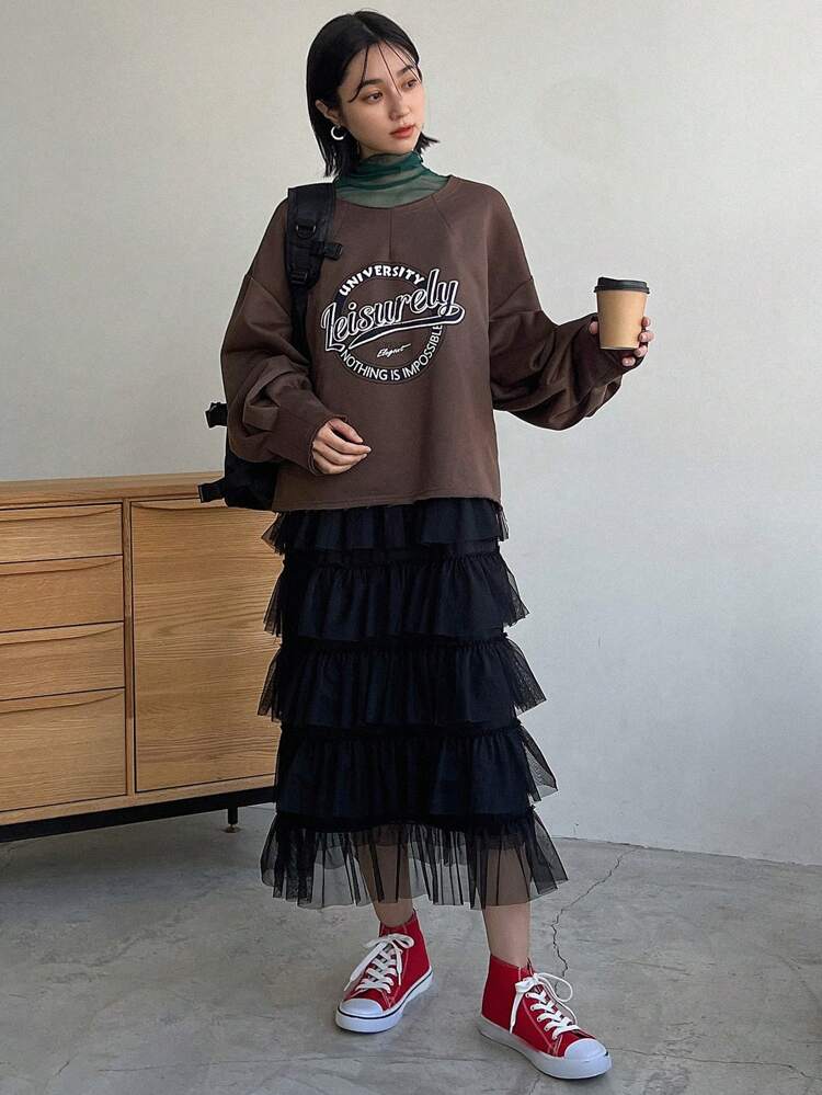 Text Pattern Printed Round Neck Casual Sweatshirt,Fall Clothes