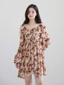 DAZY Floral Pattern Lantern Sleeve Dress,Ruffle Vacation Outfits Women - Brown - View 1