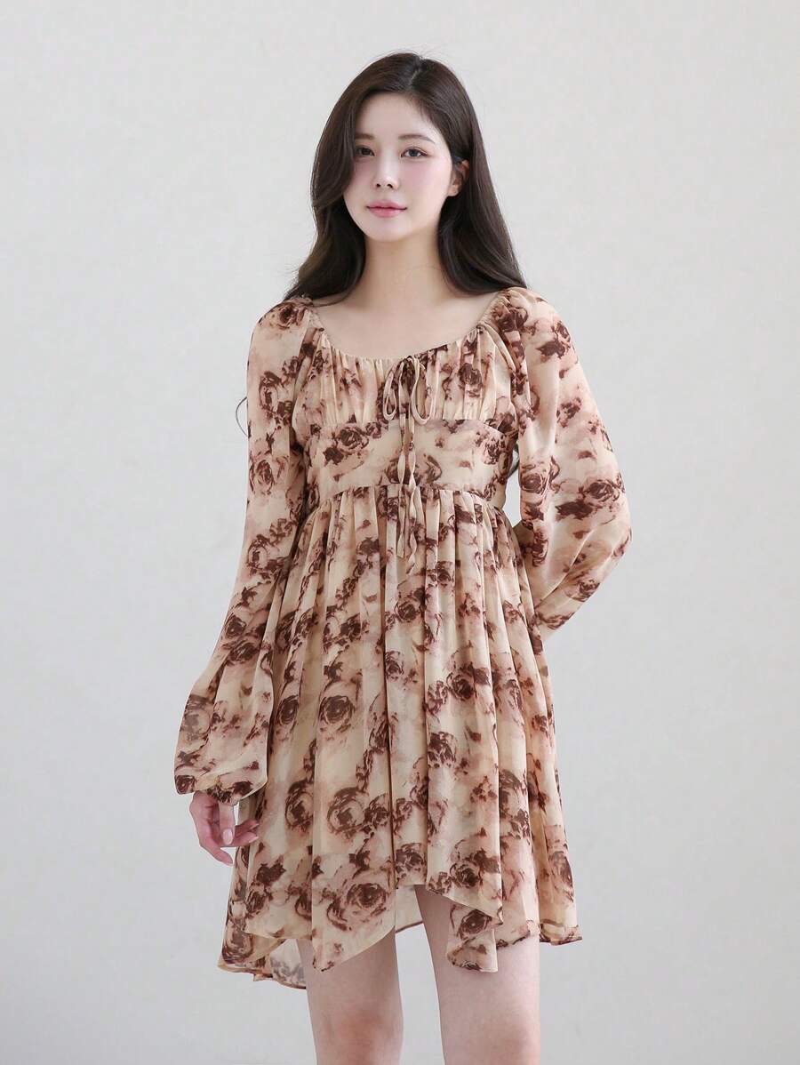 DAZY Floral Pattern Lantern Sleeve Dress,Ruffle Vacation Outfits Women - Brown - View 1