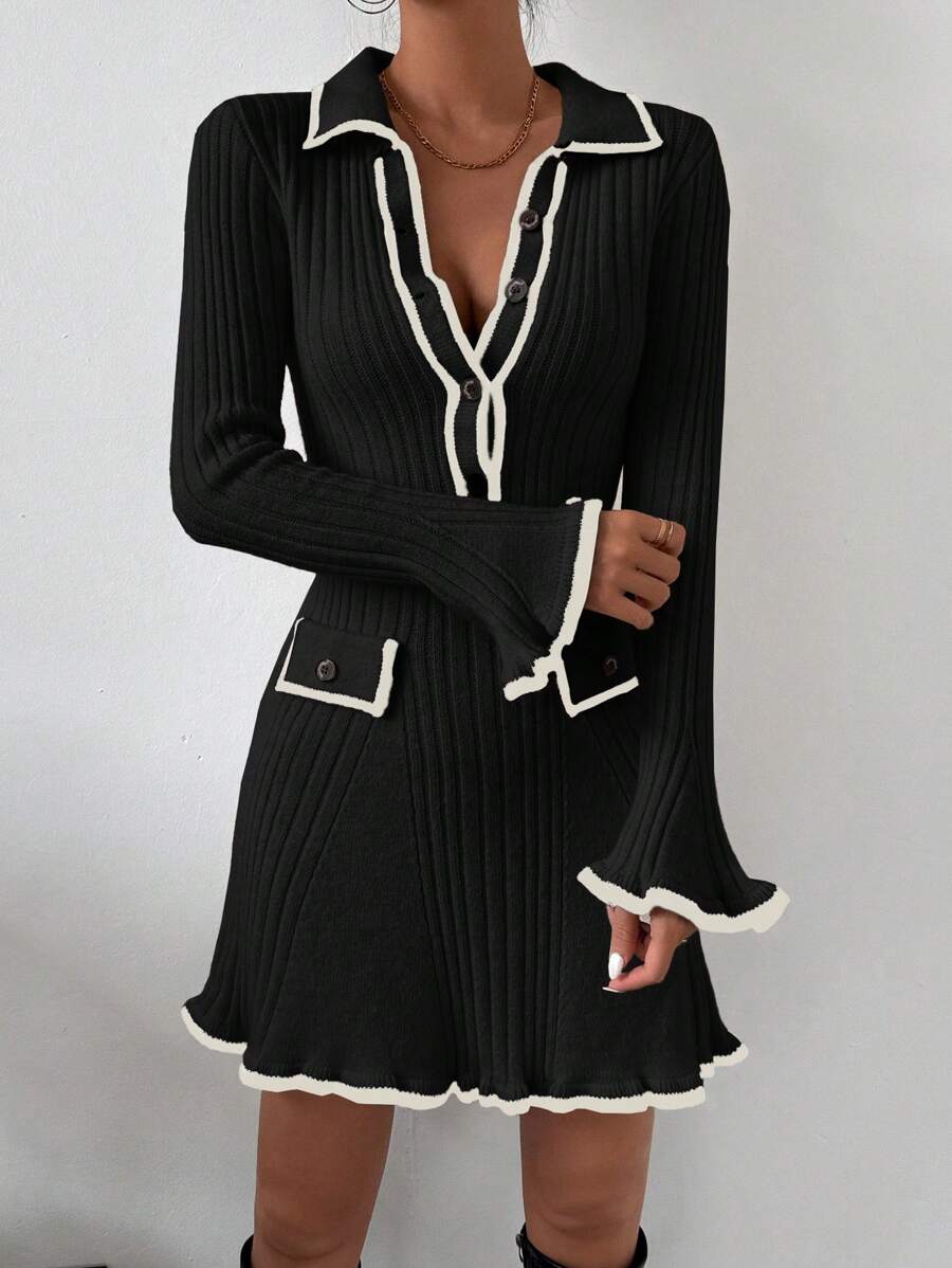 Chiquease 女款拼色針織毛衣連衣裙,有鈴鐺袖和修飾邊 - 黑色 - 查看 1