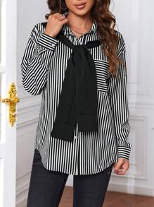 EMERY ROSE Áo sơ mi sọc dọc in họa tiết 2 trong 1 dành cho nữ, áo dài tay - Đen và trắng - Xem 5