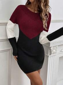 SHEIN Clasi 女士色塊超大翻肩毛衣連衣裙 - 酒紅色 - 查看 1