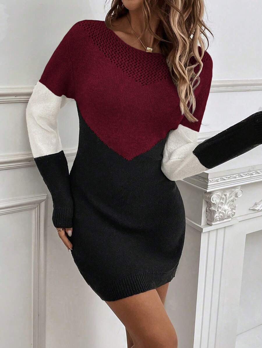 SHEIN Clasi 女士色塊超大翻肩毛衣連衣裙 - 酒紅色 - 查看 1