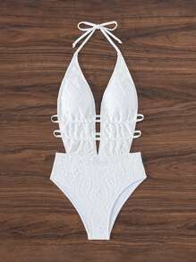SHEIN Swim Đồ bơi liền thân hở lưng cổ yếm họa tiết đơn sắc dành cho nữ mùa hè - trắng - Xem 7