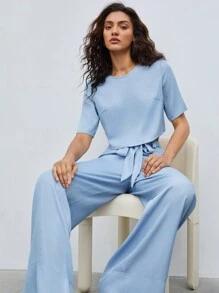 BizChic 2 cái/bộ Vòng cổ Ngắn tay Áo Và Cao eo Thắt lưng Quần - Màu xanh nhạt - Xem 1