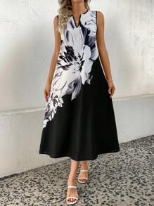 SHEIN Clasi In hoa Khối màu Đường viền cổ có rãnh Đầm - màu đen - Xem 4