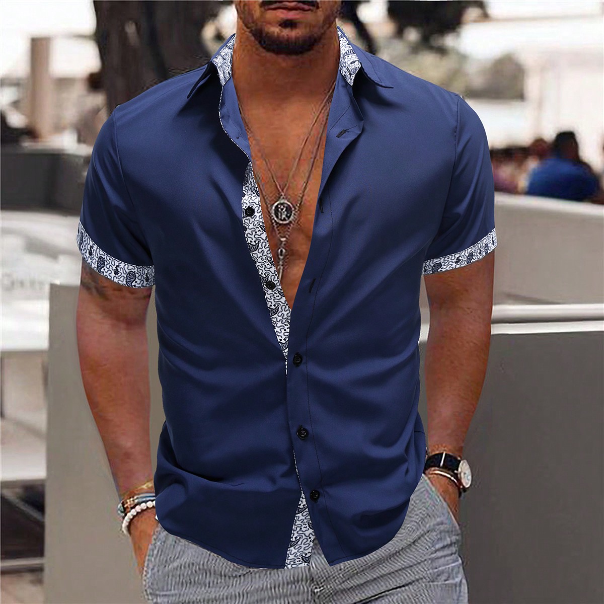 Camisa casual de manga corta con gráfico y cuello para hombres, para salir