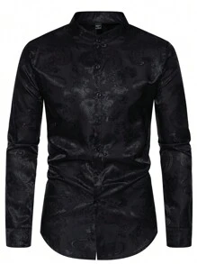 Manfinity AFTRDRK Men's Loose Fit Jacquard Stand Collar Long Sleeve Shirt, Fall - Black - View 2
