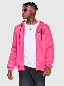ROMWE MEN Anime Men Dragon And Letter Print Drawstring Hooded Sweatshirt - Hot Pink - View 3