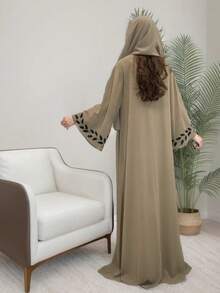 女式植物刺绣长袖宽松连帽阿拉伯风格连衣裙