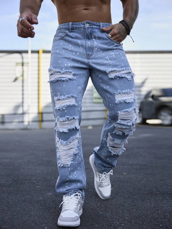 Manfinity LEGND Men's Distressed Straight Leg Jeans With Slanted Pockets, Ripped Blue Frayed Jeans, For Husband, Boyfriend Gifts