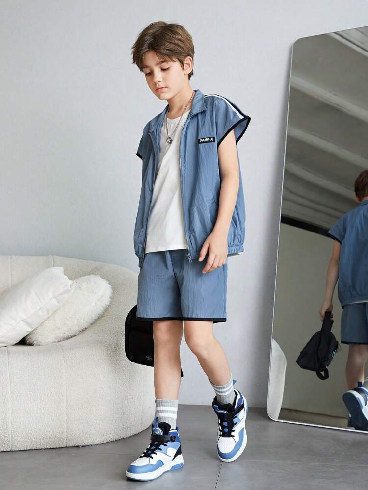 Tween Boys' Loose Fit Casual Vest, Shorts, And Weaved Tape Colorblocked Tank Top 3pcs Set