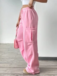 SHEIN EZwear 女性實色束口腰帶口袋寬腿鬆身健身褲 - 粉色 - 查看 4