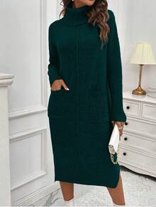 SHEIN LUNE 女士單色高領蝙蝠袖毛衣連衣裙,側開衩設計 - 墨綠色 - 查看 6