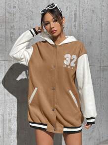 Flirla Women's Hooded Woolen Jacket With Letter Print