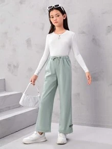 SHEIN Tween 女孩針織高開衩附標籤休閒慢跑褲 - 薄荷綠 - 查看 4