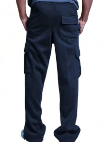 Men Flap Pocket Side Drawstring Waist Cargo Pants - Navy Blue - View 2