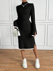 SHEIN Essnce 女式立領開衩袖口毛衣連身裙 - 黑色 - 查看 3