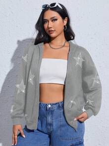 SHEIN EZwear 大码拉链星形图案卫衣 - 灰色 - 查看 6