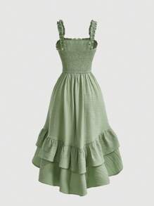 SHEIN MOD 女款印花荷葉邊荷葉邊袖連身裙 - 綠色 - 查看 2