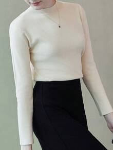 女士實色立領毛衣 - 杏色 - 查看 3