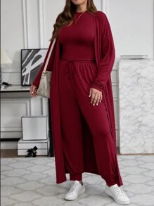 SHEIN LUNE 2pcs/Set Plus Size Solid Color Tank Top, Slanted Pocket Trousers And Open Front Coat Outerwear - Burgundy - View 5
