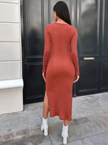 RueChic Chất rắn Tách đùi Đồ đan Ribbed Đầm Không có thắt lưng - Màu Đỏ Sâu - Xem 2