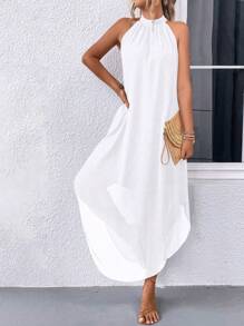 EARO Women's Summer Solid Color Pleated Casual Maxi Halter Dress