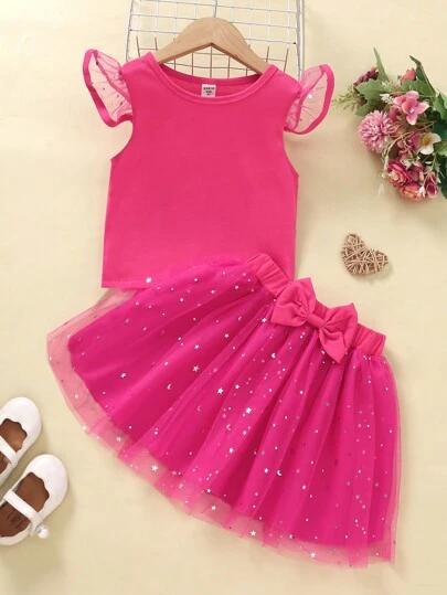 SHEIN Young Girl Mesh Cap Sleeve Top And Bowknot Decorated Skirt Set