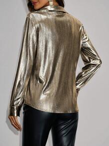 SHEIN Clasi Camisa De Manga Larga Con Textura Metálica Para Mujeres - Dorado - Ver 2
