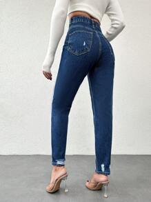 EURMUSE Ladies' Distressed Cone Shape Jeans ,Petite Women - Dark Wash - View 2