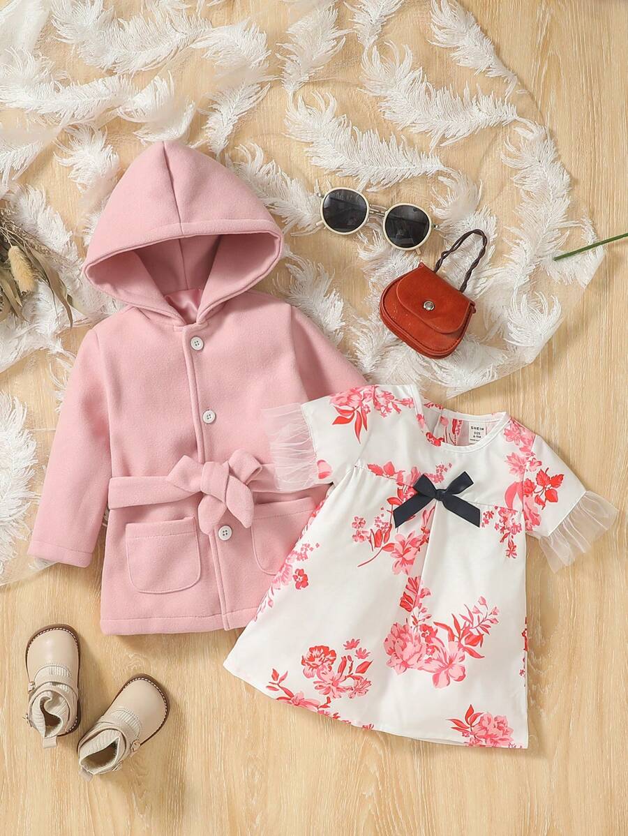 英倫風格寶寶女孩套裝,連帽翻領束腰呢子外套和直筒花網裙,適合可愛優雅時尚的秋冬季 - 彩色 - 查看 1