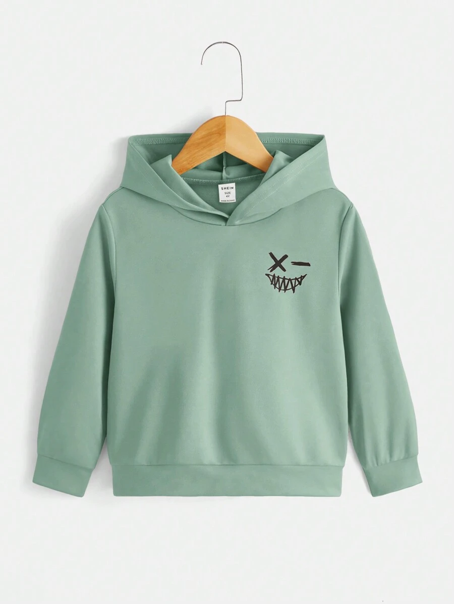 SHEIN Áo nỉ thoải mái, kiểu dáng thường ngày dành cho bé trai, có in hình mặt người. - màu xanh lá - Xem 1