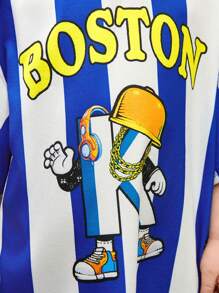 SHEIN 年轻男孩可爱宽松卡通条纹印花短袖上衣带侧袋短裤套装 - 藍色 - 查看 5