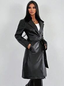 SHEIN Essnce 女士pu大衣長袖束腰外套 - 黑色 - 查看 6
