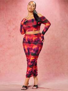 SHEIN BAE Valentine's Day Abstract Print Pleated One Shoulder Long Sleeve Top And Long Skirt Plus Size Two Piece Set - Multicolor - View 3