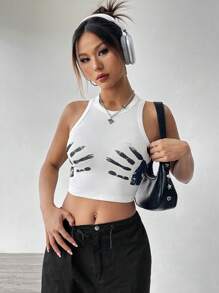 SHEIN EZwear 女士彩塊和棕櫚樹印花背心 - 白色 - 查看 4